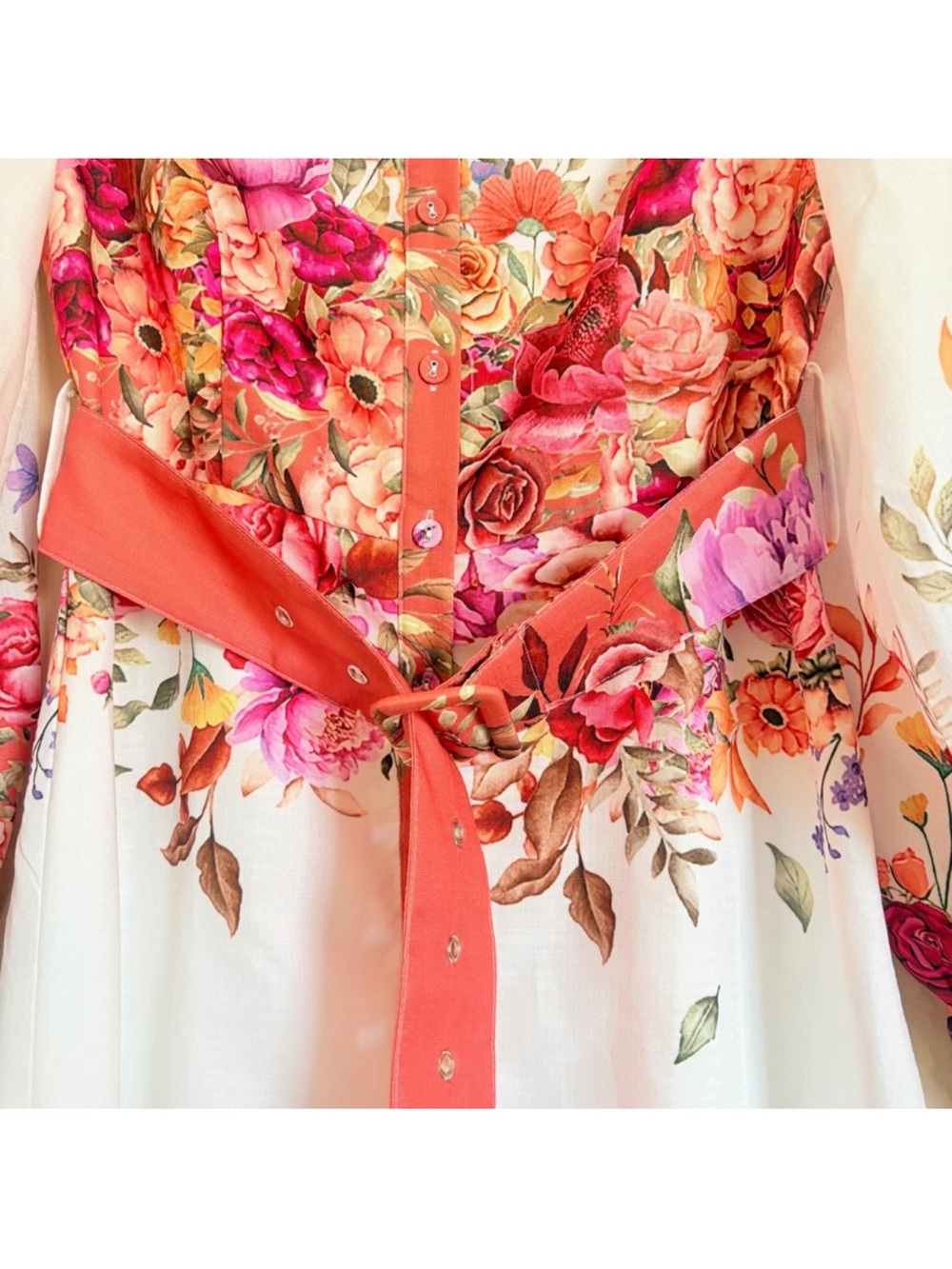 Avara Mainstrip Floral Belted Maxi Shirt Dress White Pink Orange Medium NWT - Picture 5 of 11